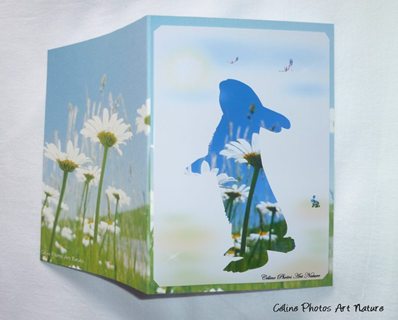 Carte double personnalisable faite main pour Pâques de Céline Photos Art Nature avec un lapin et un champ de marguerites